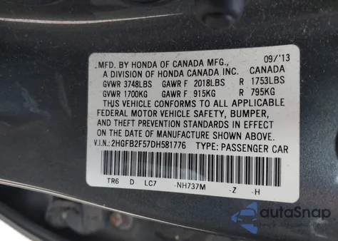 2013 Honda Civic Lx из США, поврежденный, VIN 2HGFB2F57DH581776